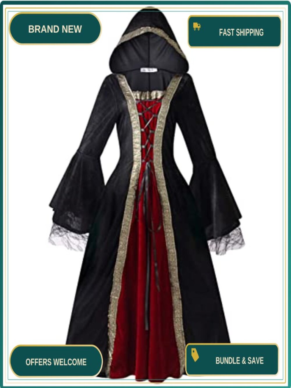 Lace Renaissance Hooded Costume Dress Flare Sleeve